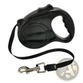 Retractable dog leash with ergonomic black glossy plastic handle and sturdy metal clasp for secure walking control