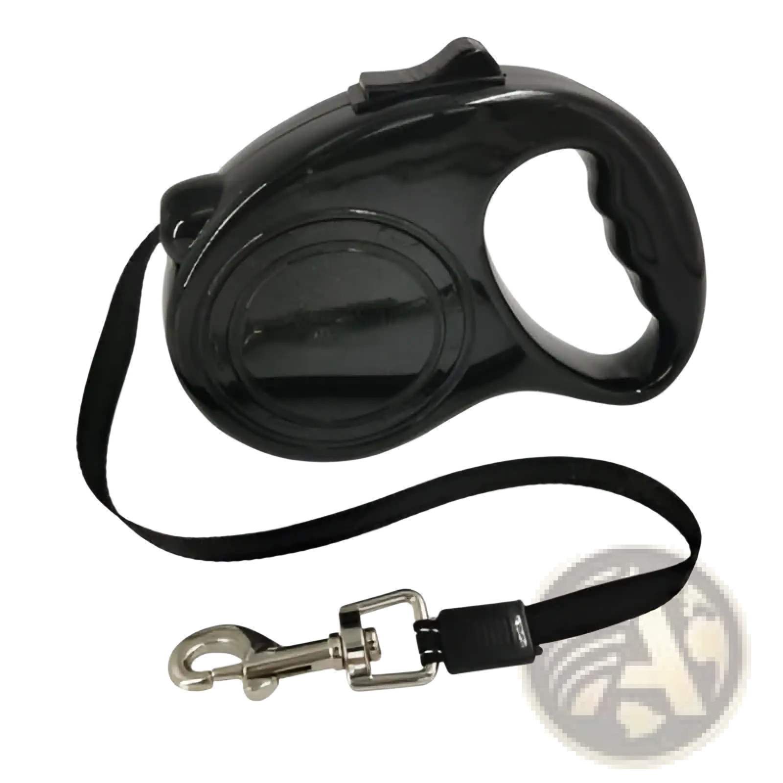 Retractable dog leash with ergonomic black glossy plastic handle and sturdy metal clasp for secure walking control