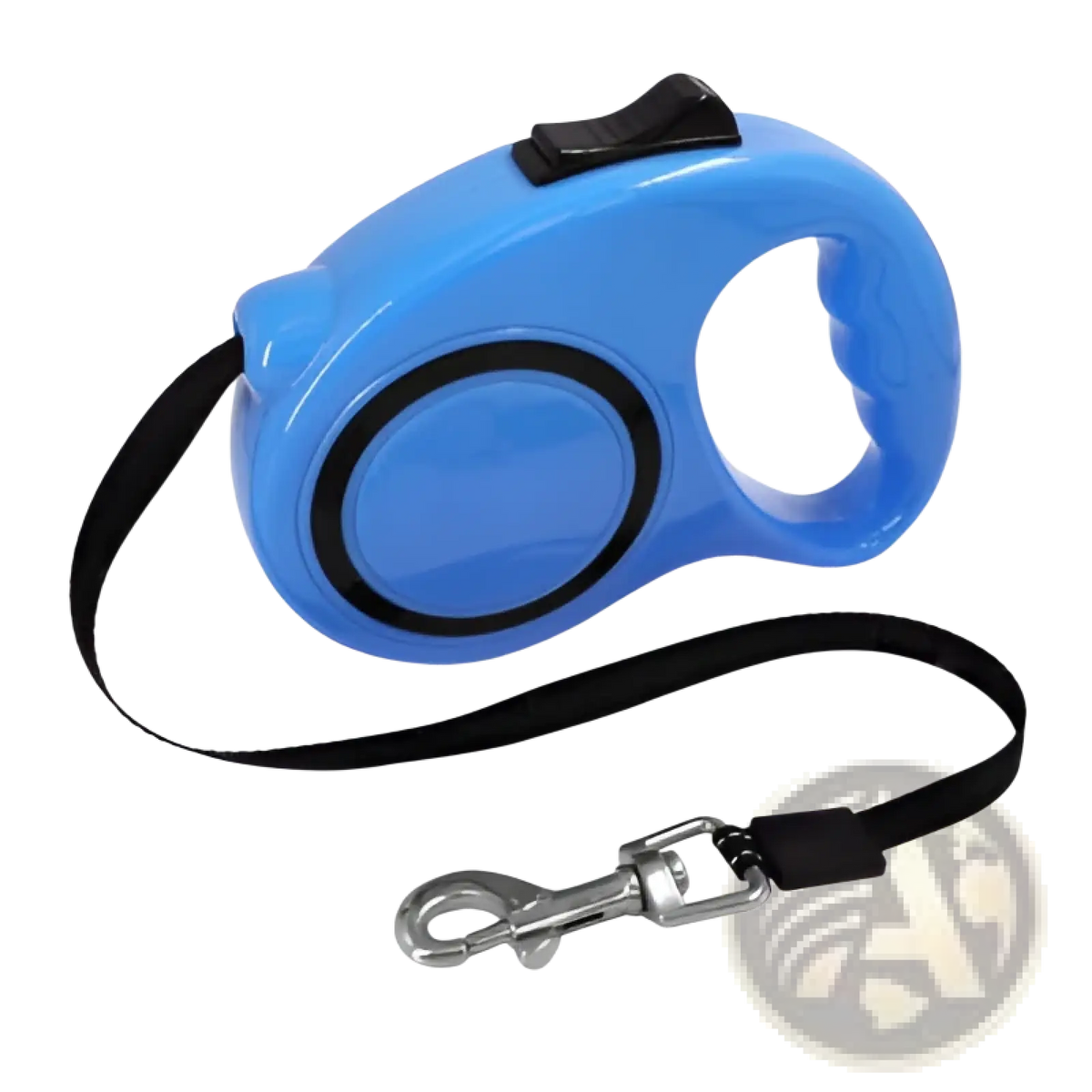 Retractable dog leash with ergonomic handle featuring a blue case, black strap, and metal clasp for secure walking