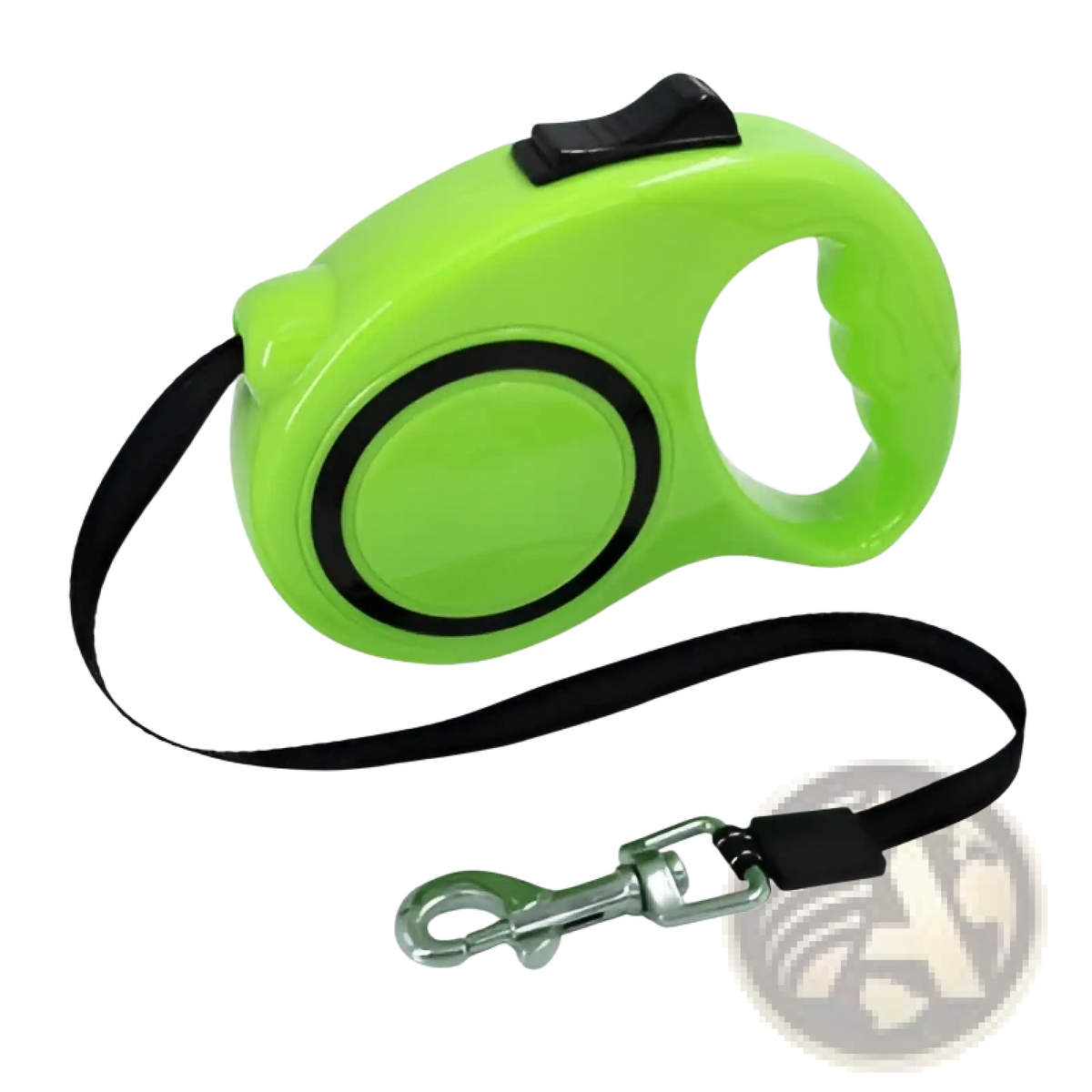 Retractable dog leash with ergonomic handle in bright green with black accents and metallic clasp for pet control