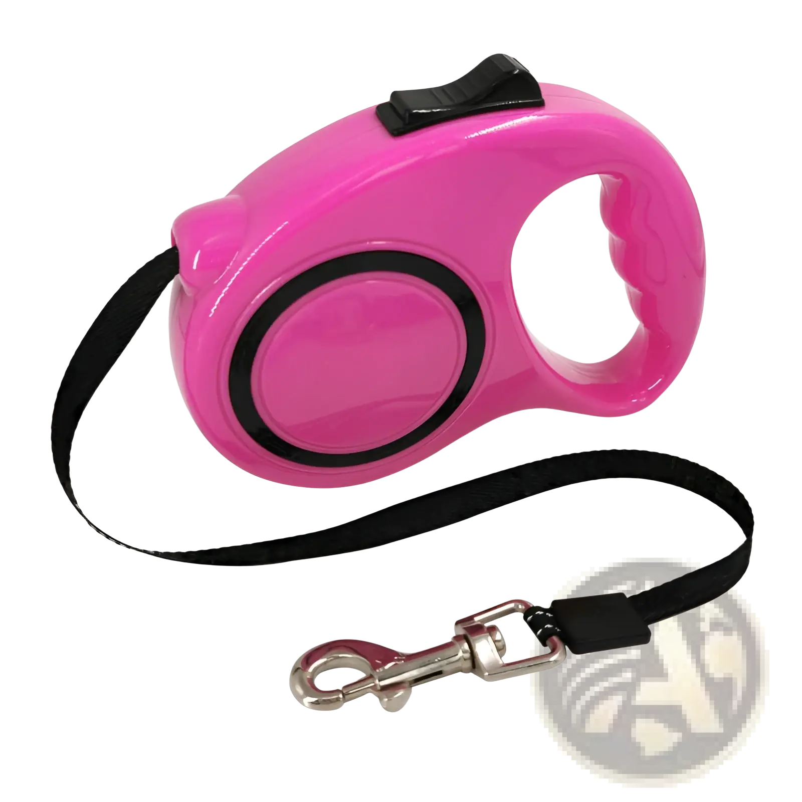 Vibrant pink retractable dog leash with ergonomic handle black accents and metallic clasp for secure walking