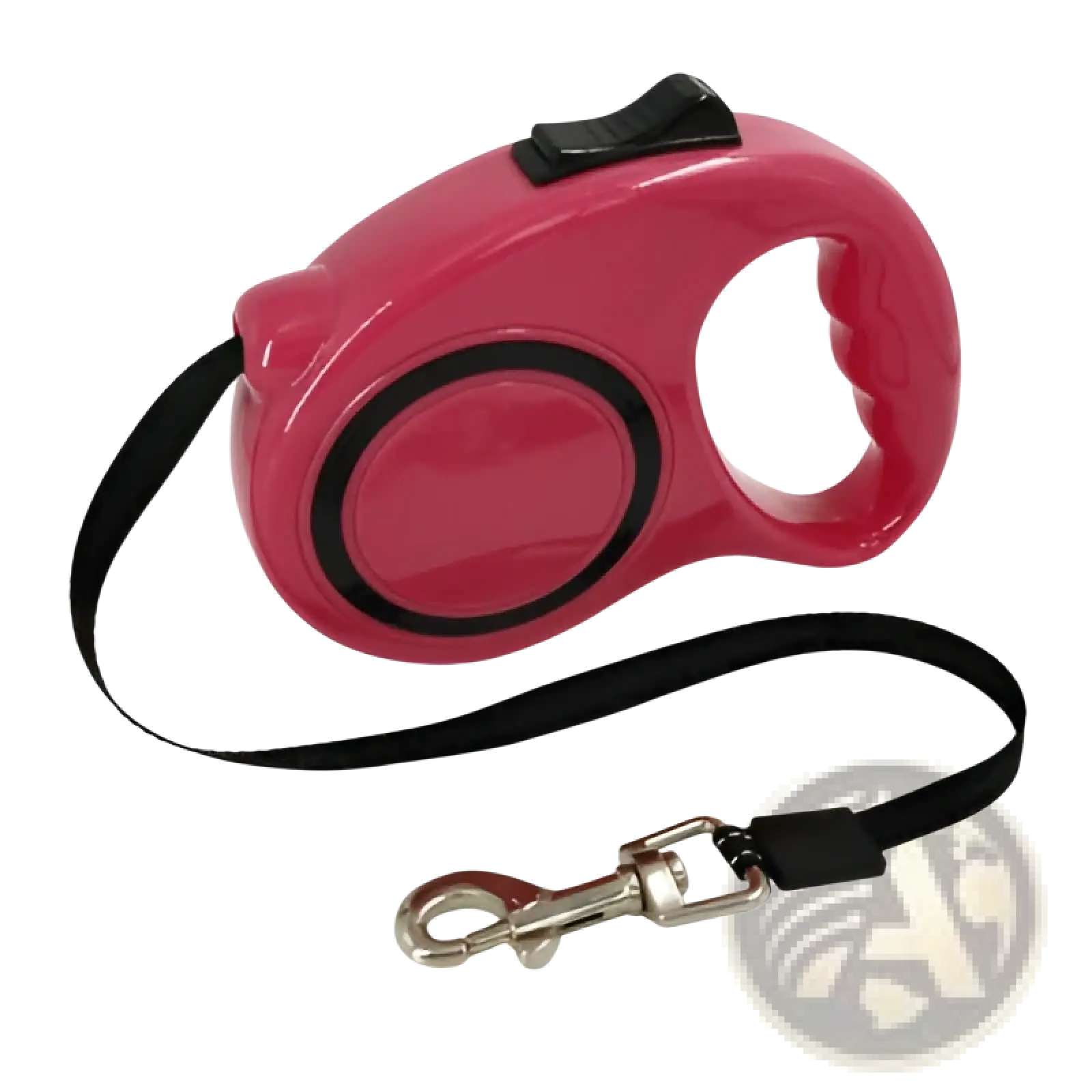 Retractable dog leash with ergonomic black handle pink strap and metal clasp for secure pet control