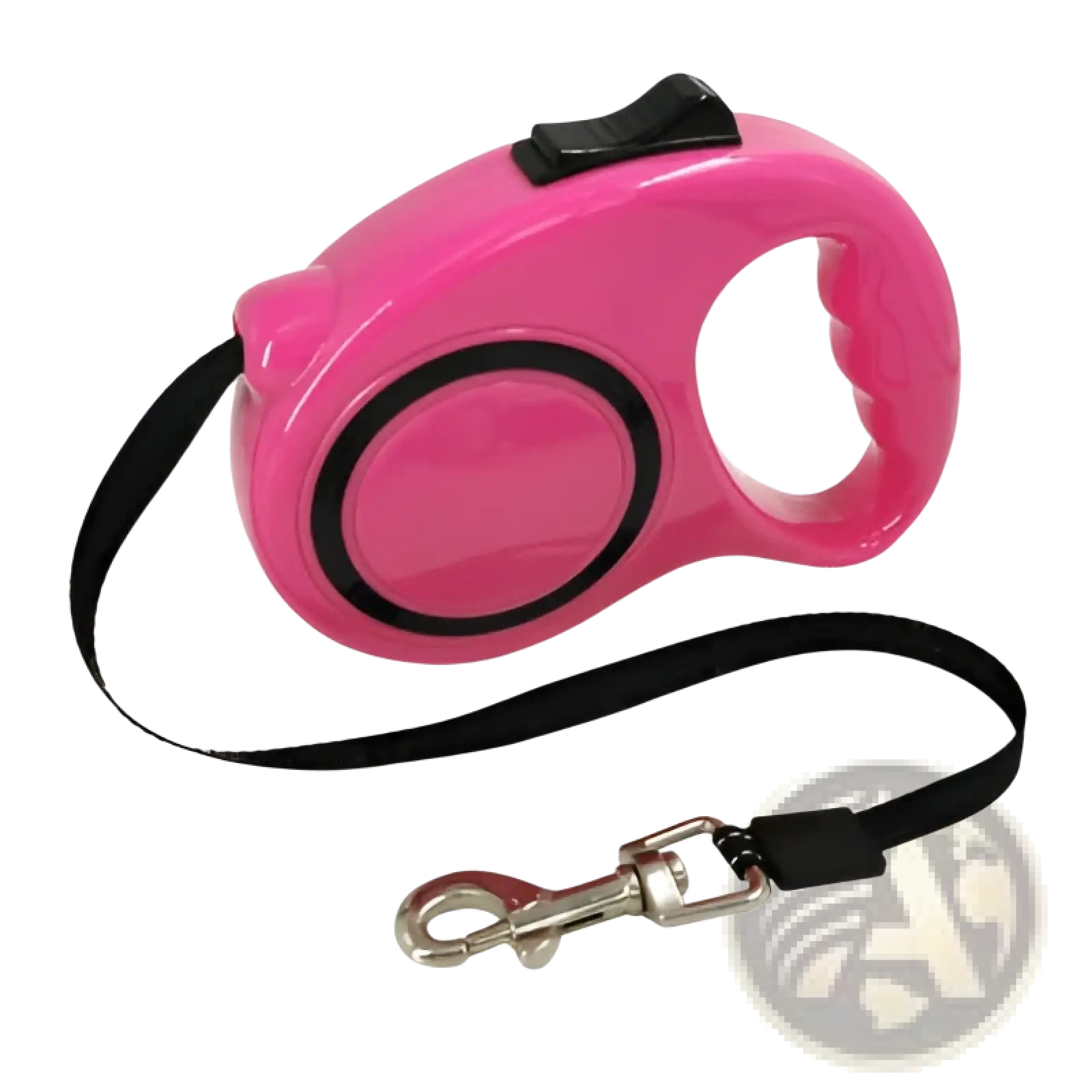 Pink retractable dog leash with ergonomic black handle and metal clasp for secure and comfortable pet walking