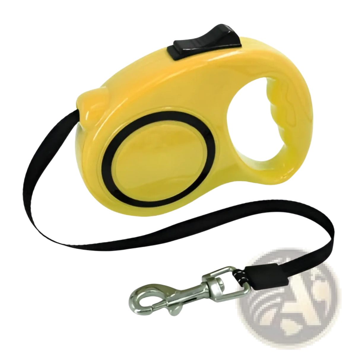 Retractable dog leash with ergonomic handle in yellow with black accents and metal clasp for secure walking