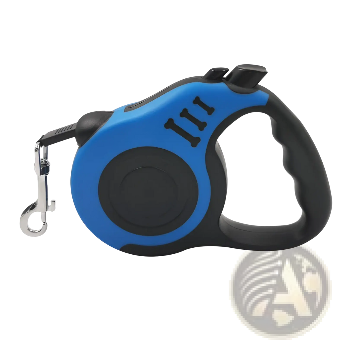 Blue and black retractable dog leash with an ergonomic textured grip handle for comfortable control