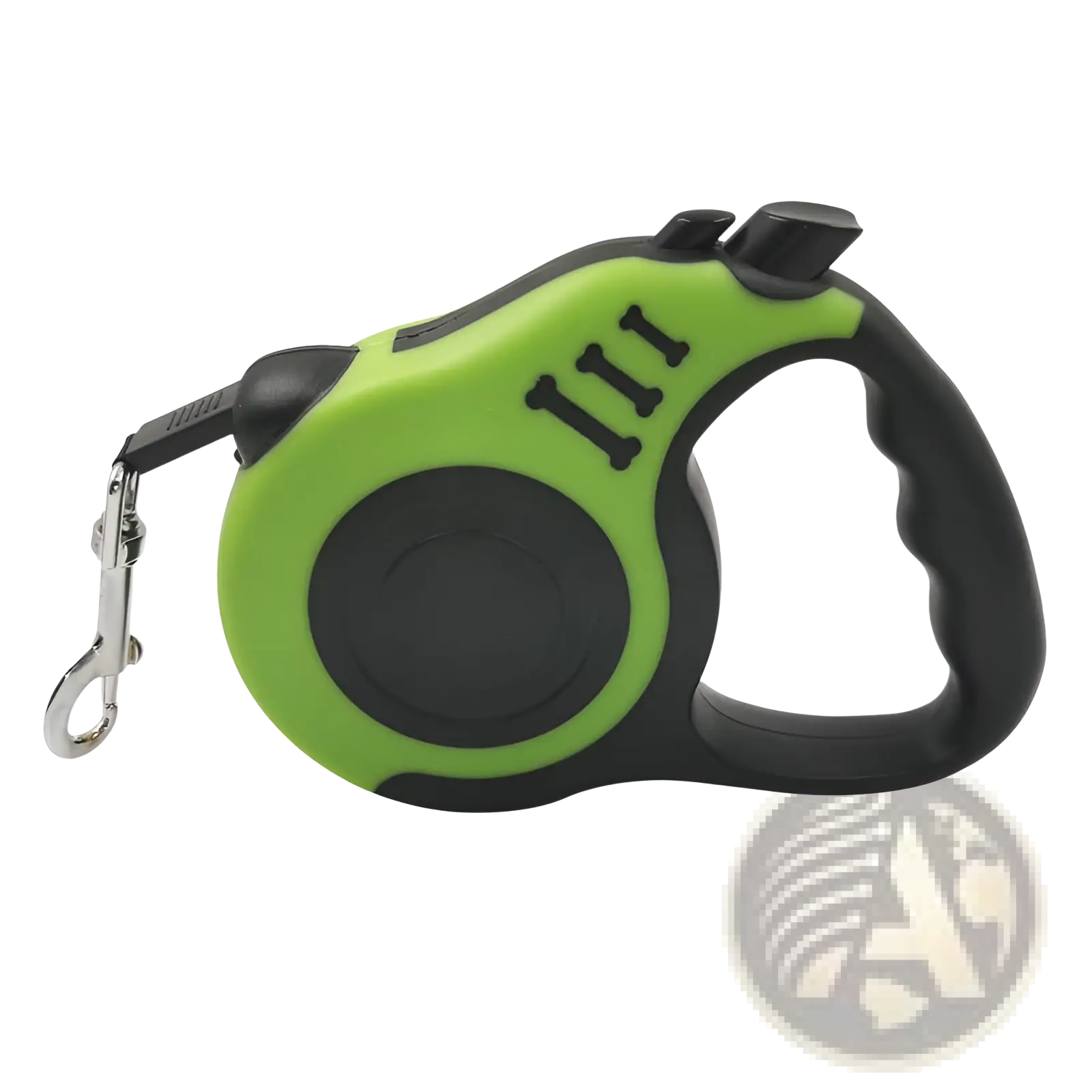 Retractable dog leash with ergonomic handle in vibrant lime green and black featuring a metal clasp for secure control