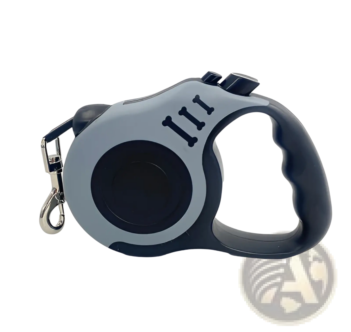 Retractable dog leash with ergonomic gray and black handle featuring textured grip and bone-shaped embossed details