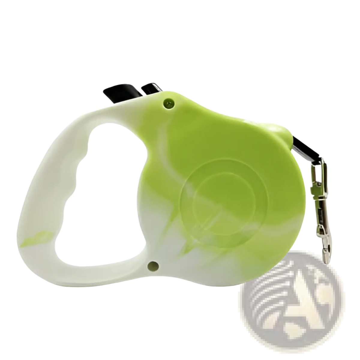Retractable dog leash with ergonomic handle in lime green and white plastic with black grip and metal clasp