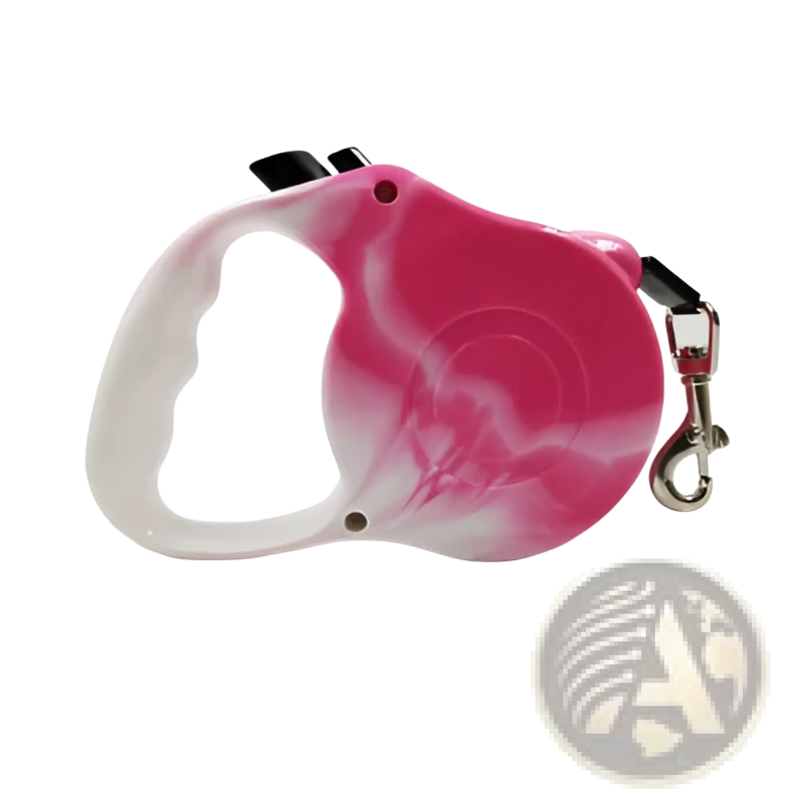 Retractable dog leash with ergonomic handle in pink and white marble pattern and silver metal clasp for walking pets