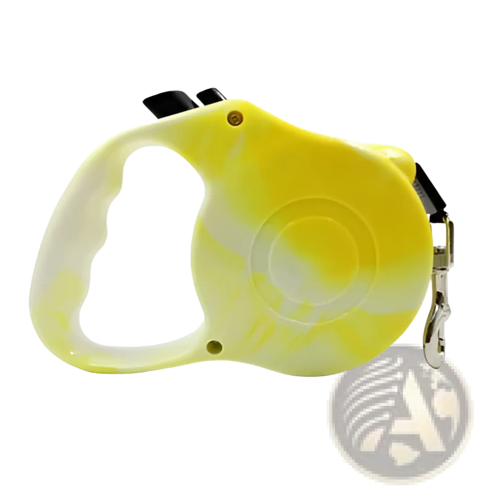 Retractable dog leash with ergonomic handle featuring yellow and white tie-dye fabric with black handles and silver clasp