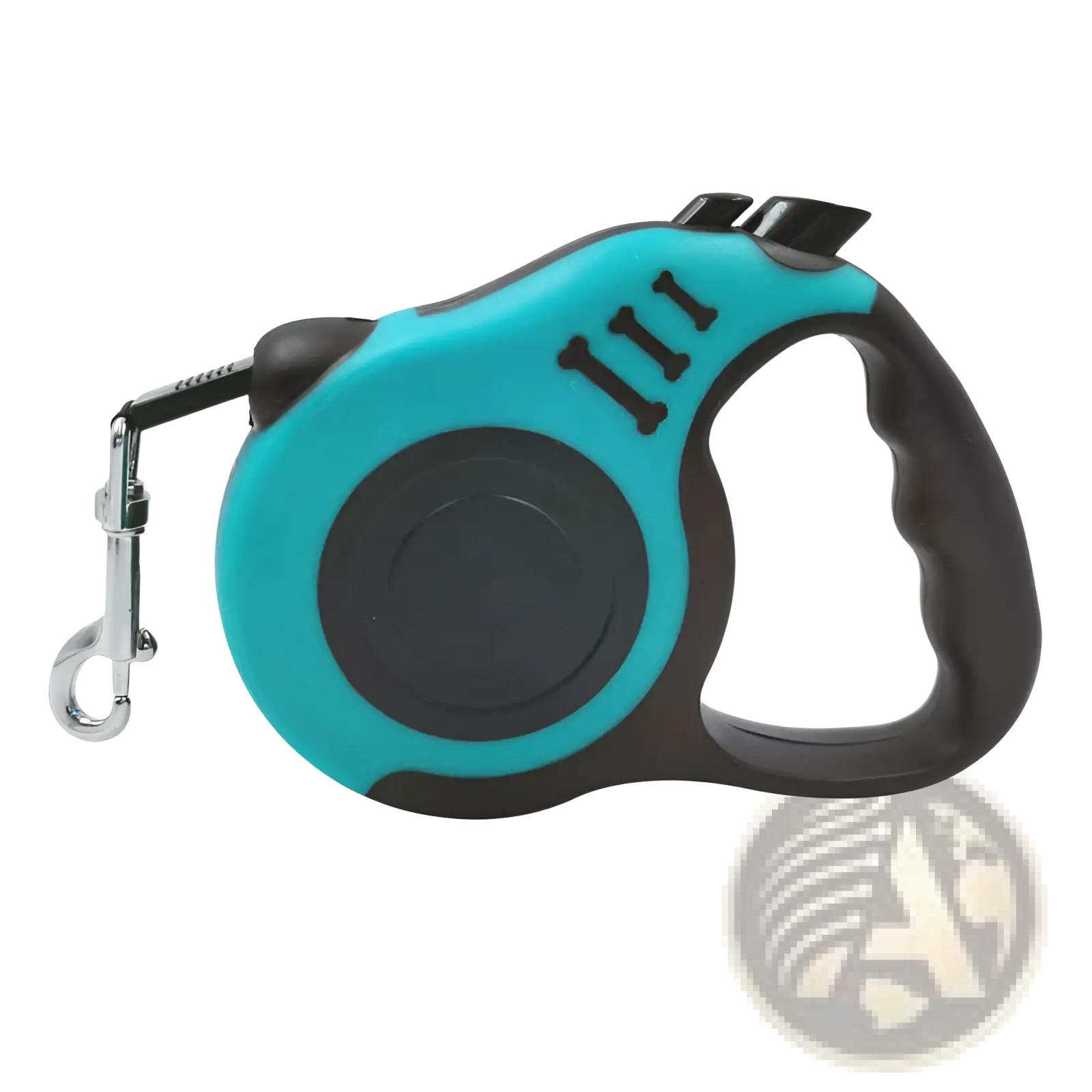 Teal and black retractable dog leash with ergonomic textured grip handle for comfortable control during walks