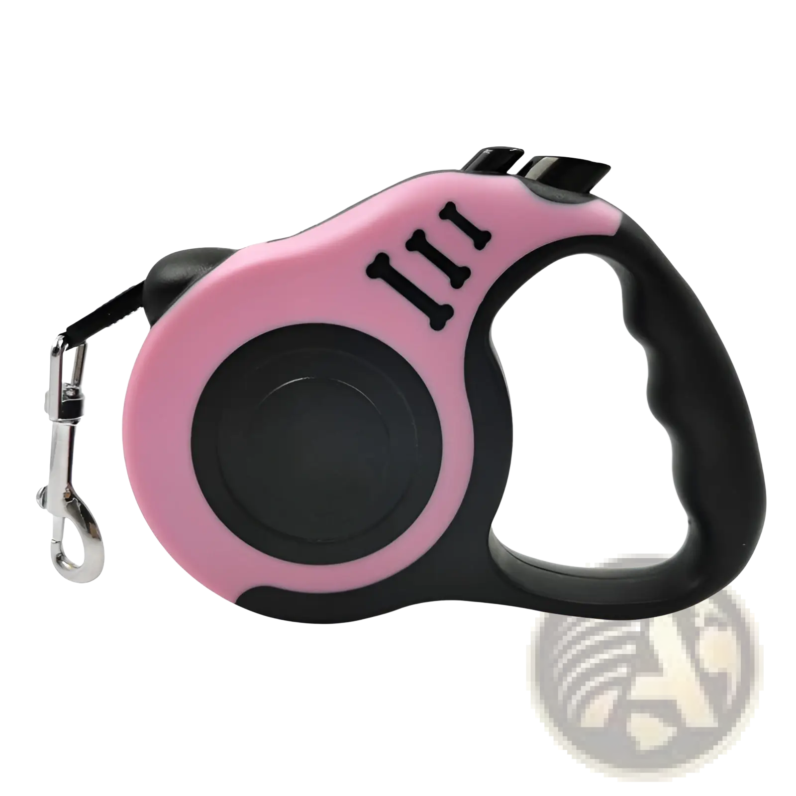 Retractable dog leash with ergonomic pink and black handle featuring bone-shaped decals for comfortable walking