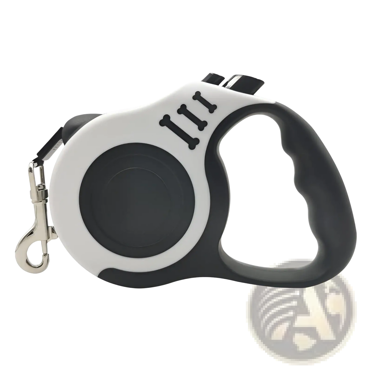 Retractable dog leash with ergonomic black and white handle featuring bone-shaped decals for comfortable walking