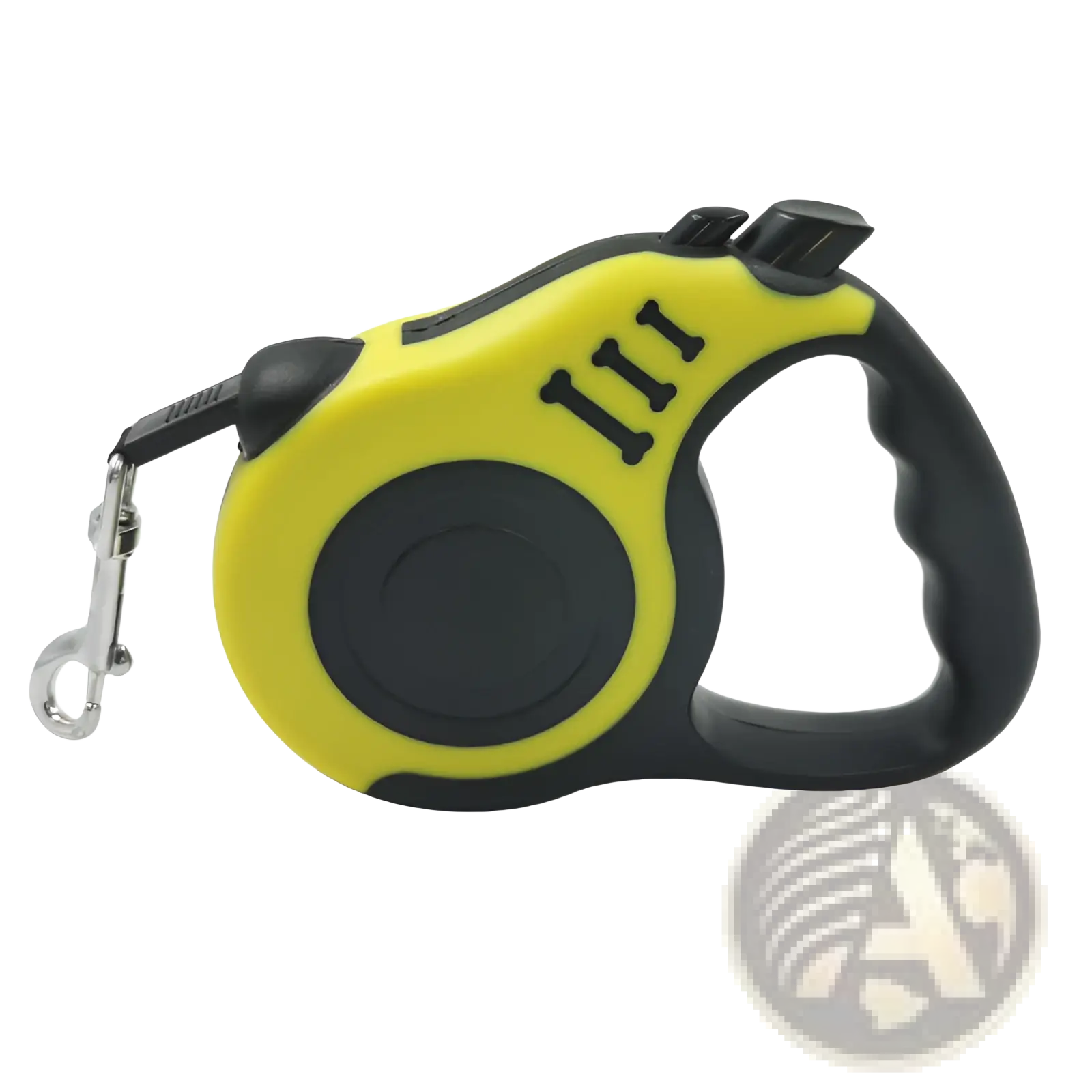 Retractable dog leash in yellow and black with ergonomic handle and bone-shaped logo for comfortable walking