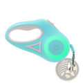 Retractable dog leash with led light and collar set featuring a sleek light blue design with glowing green button and silver accents