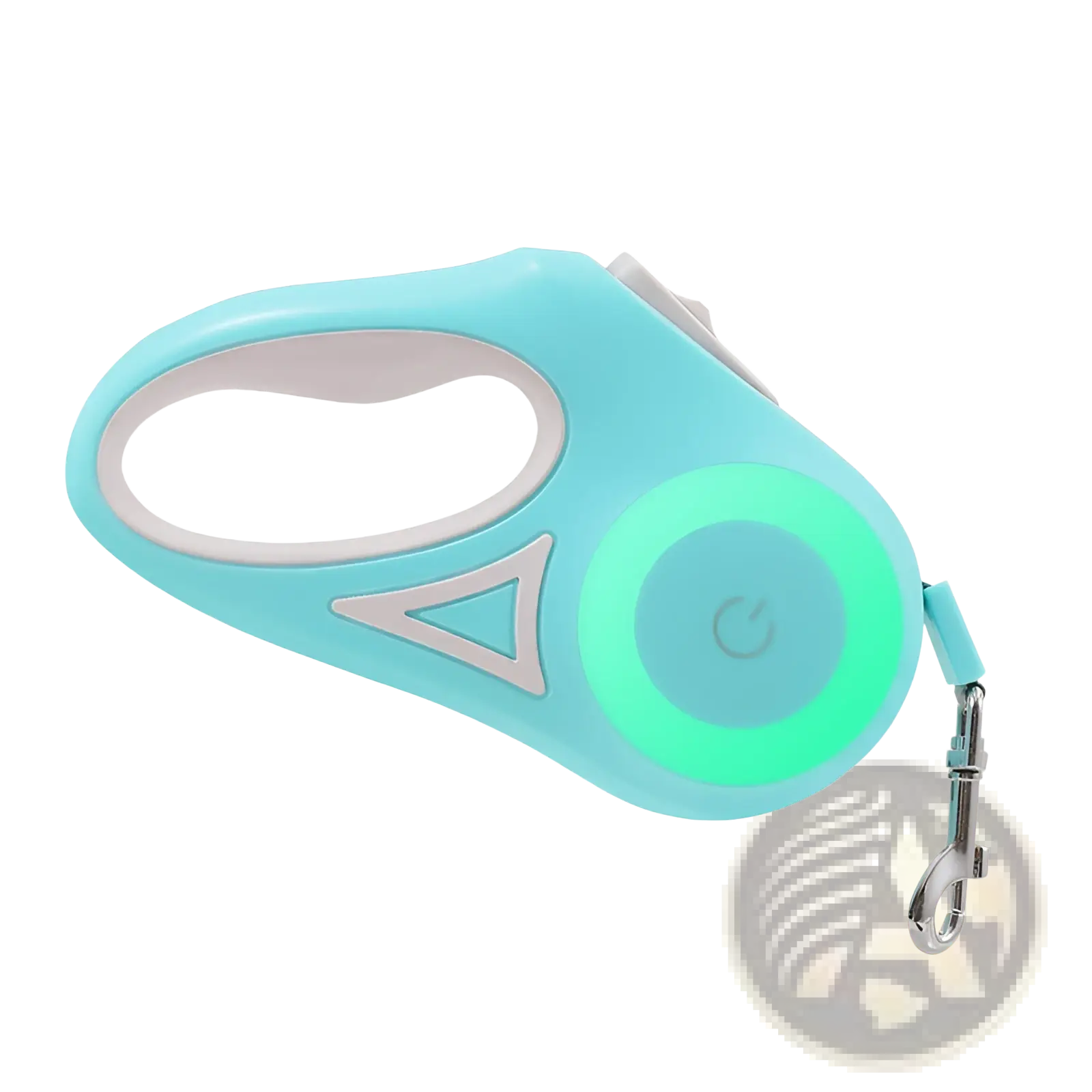 Retractable dog leash with led light and collar set featuring a sleek light blue design with glowing green button and silver accents