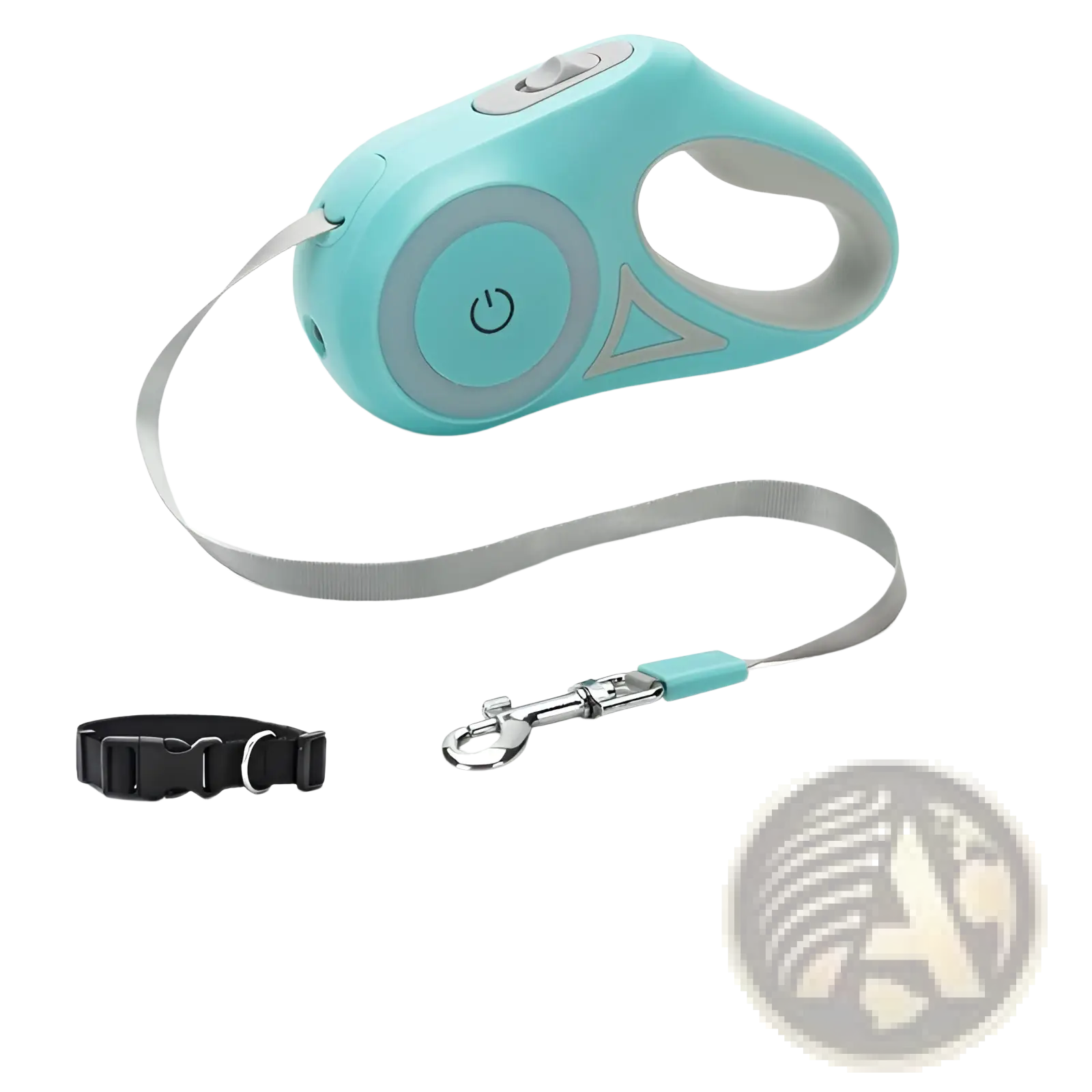 Teal and gray retractable dog leash with led light, metal clasp, power button, and matching teal handle