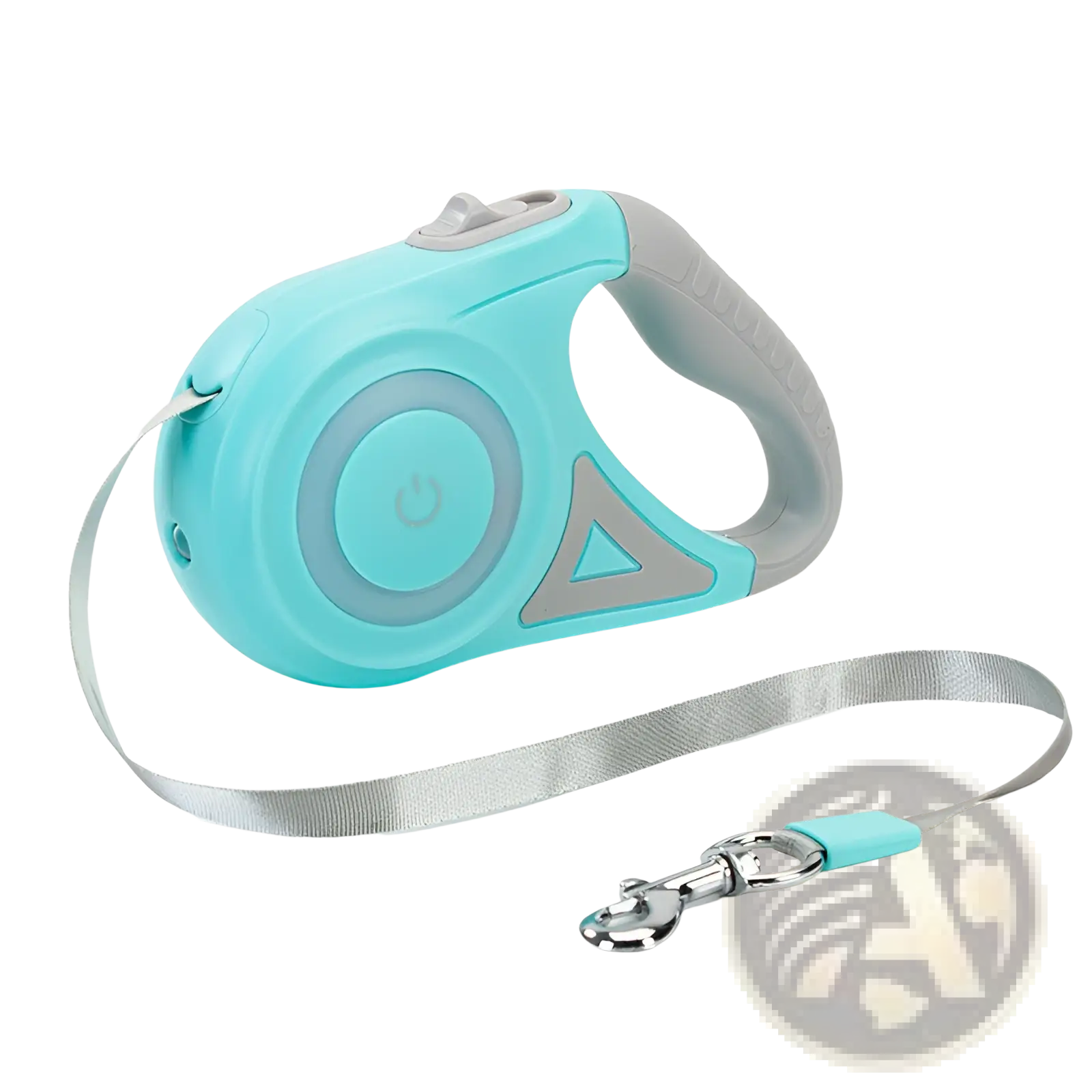 A sleek light blue and gray retractable dog leash with led light power button on handle and matching collar set