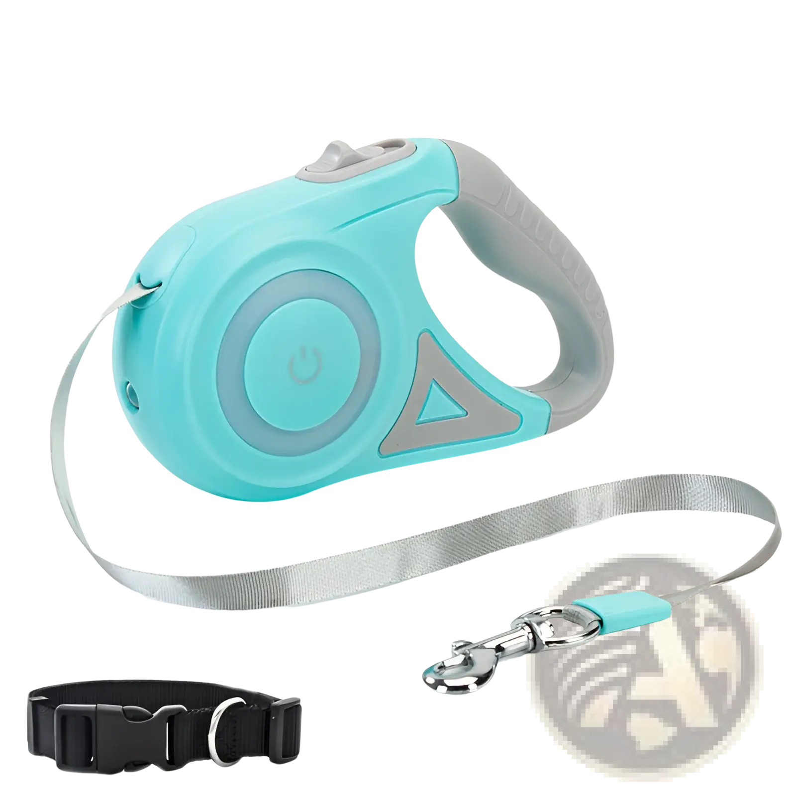 Teal and gray retractable dog leash with led light, silver strap, power button, and matching teal collar clip set