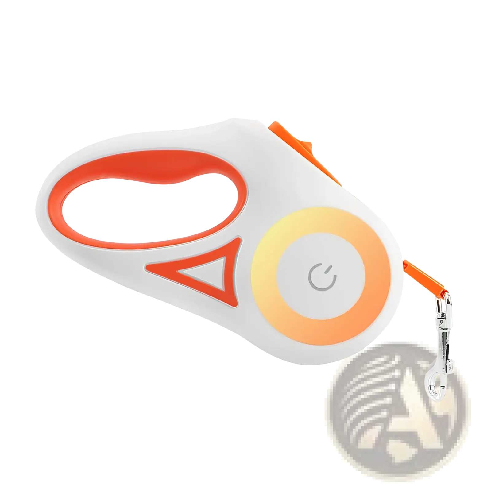Retractable dog leash with led light and collar set in white and orange featuring a circular power button on the side