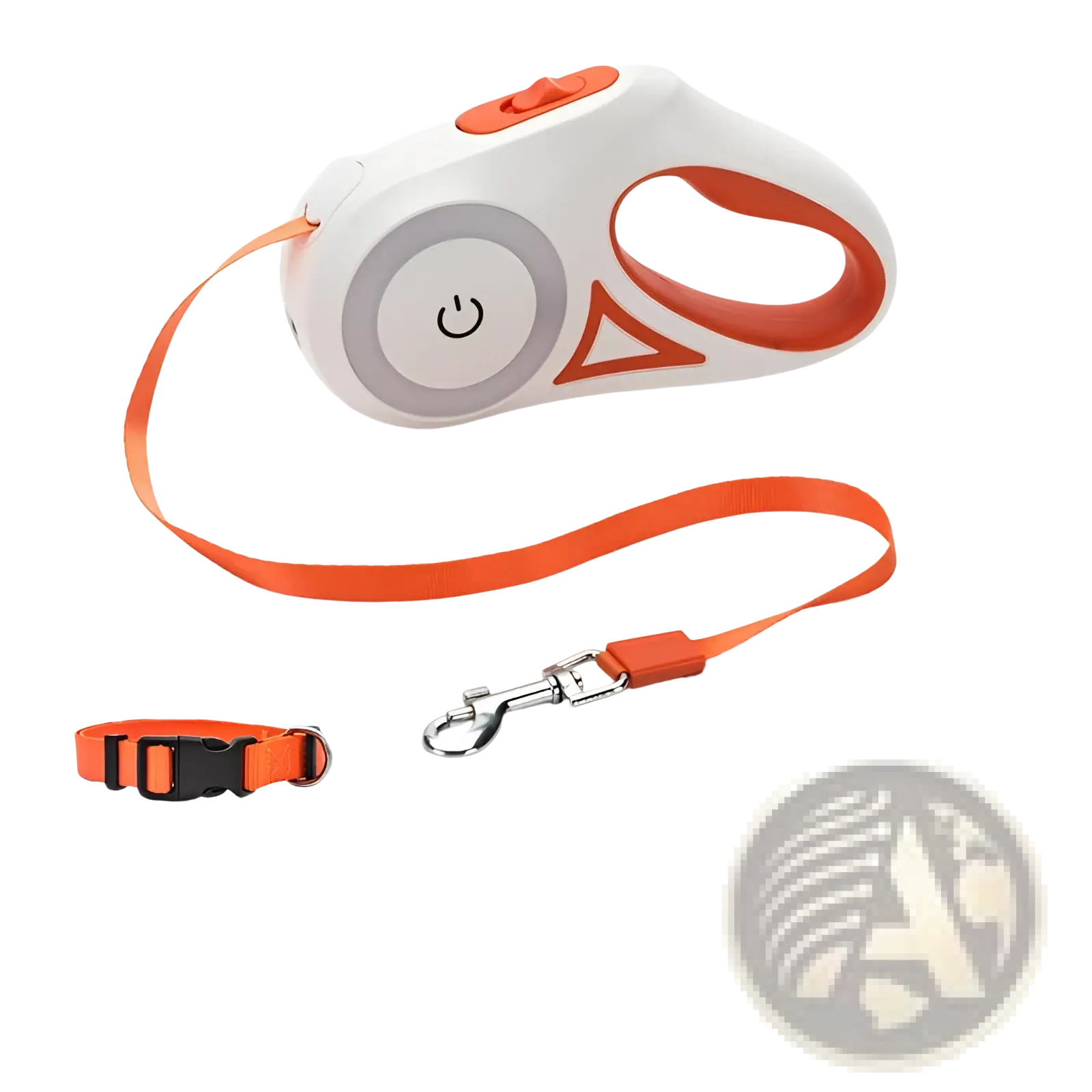 Retractable dog leash with led light and collar set featuring white and orange plastic body and orange fabric strap with metal clasp