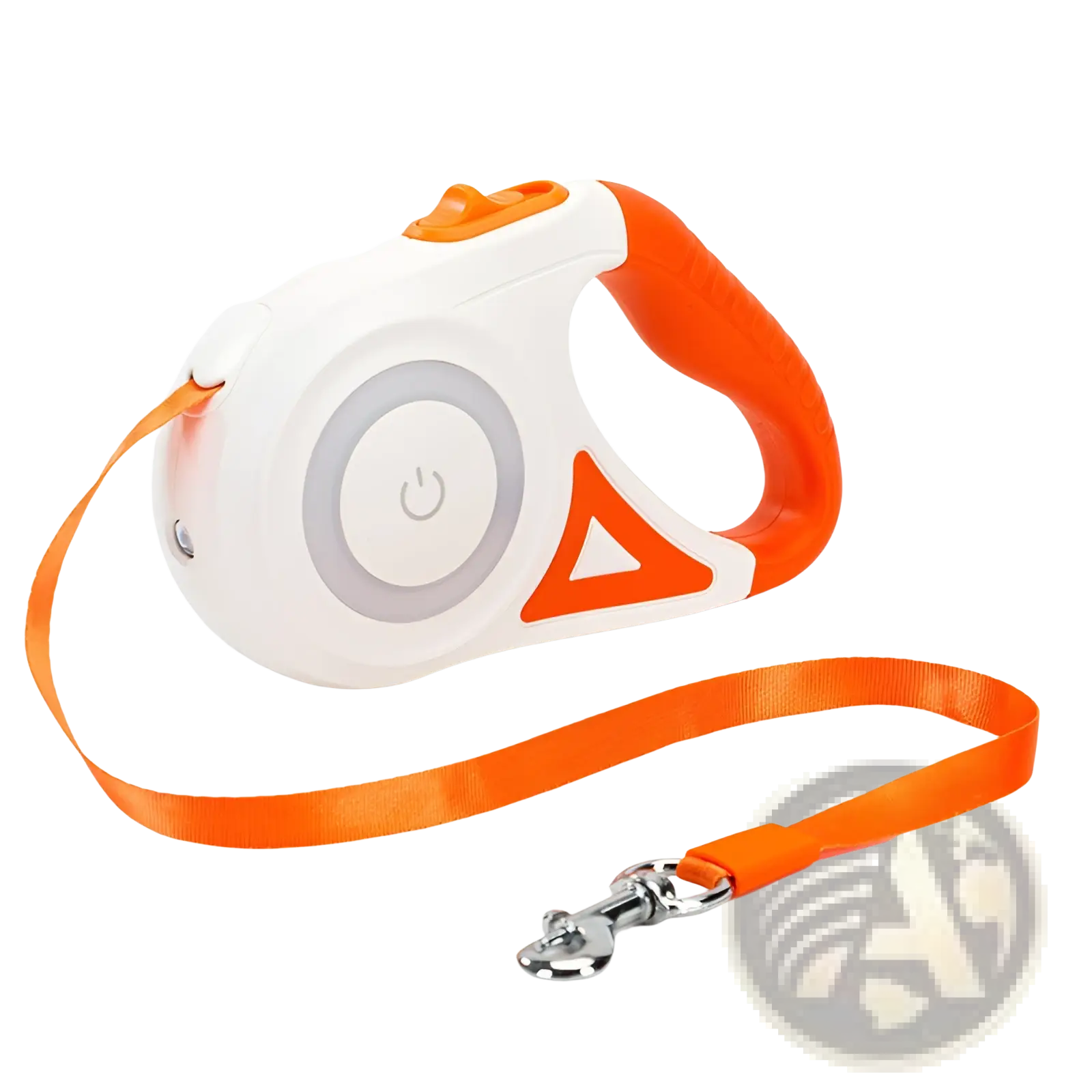 Orange and white retractable dog leash with built-in led light and power button for nighttime walks