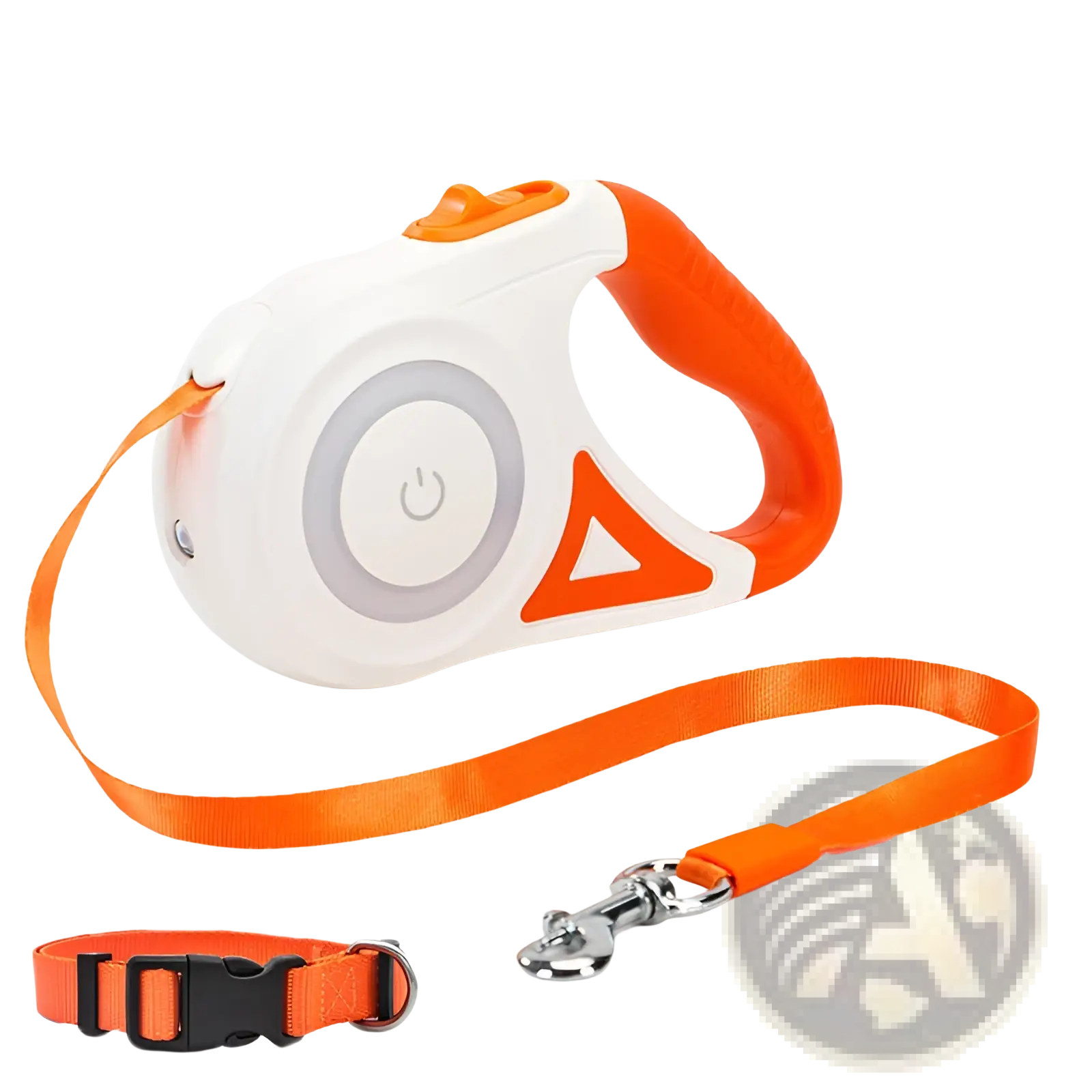 Retractable orange and white dog leash with built-in led light and power button paired with matching orange collar