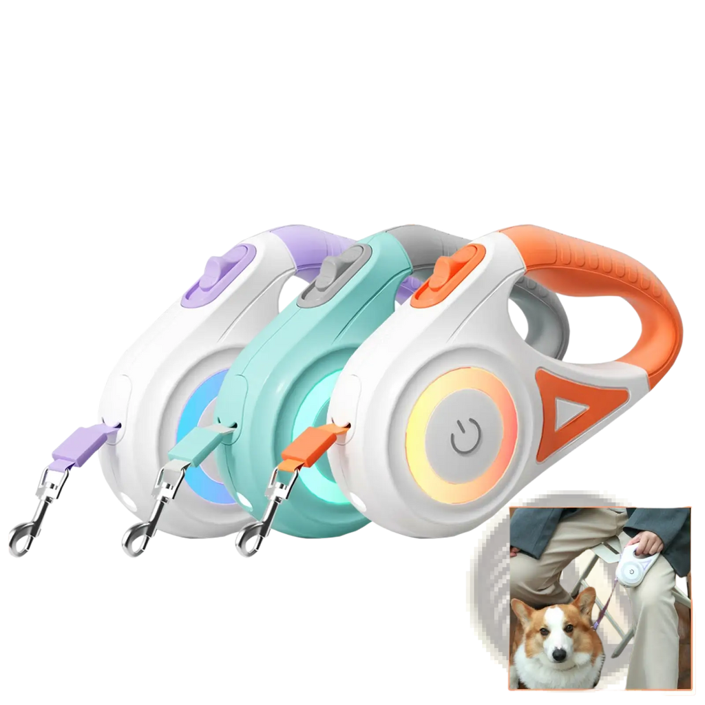 A sleek retractable dog leash with led light and white handle in purple teal or orange for safe night walks