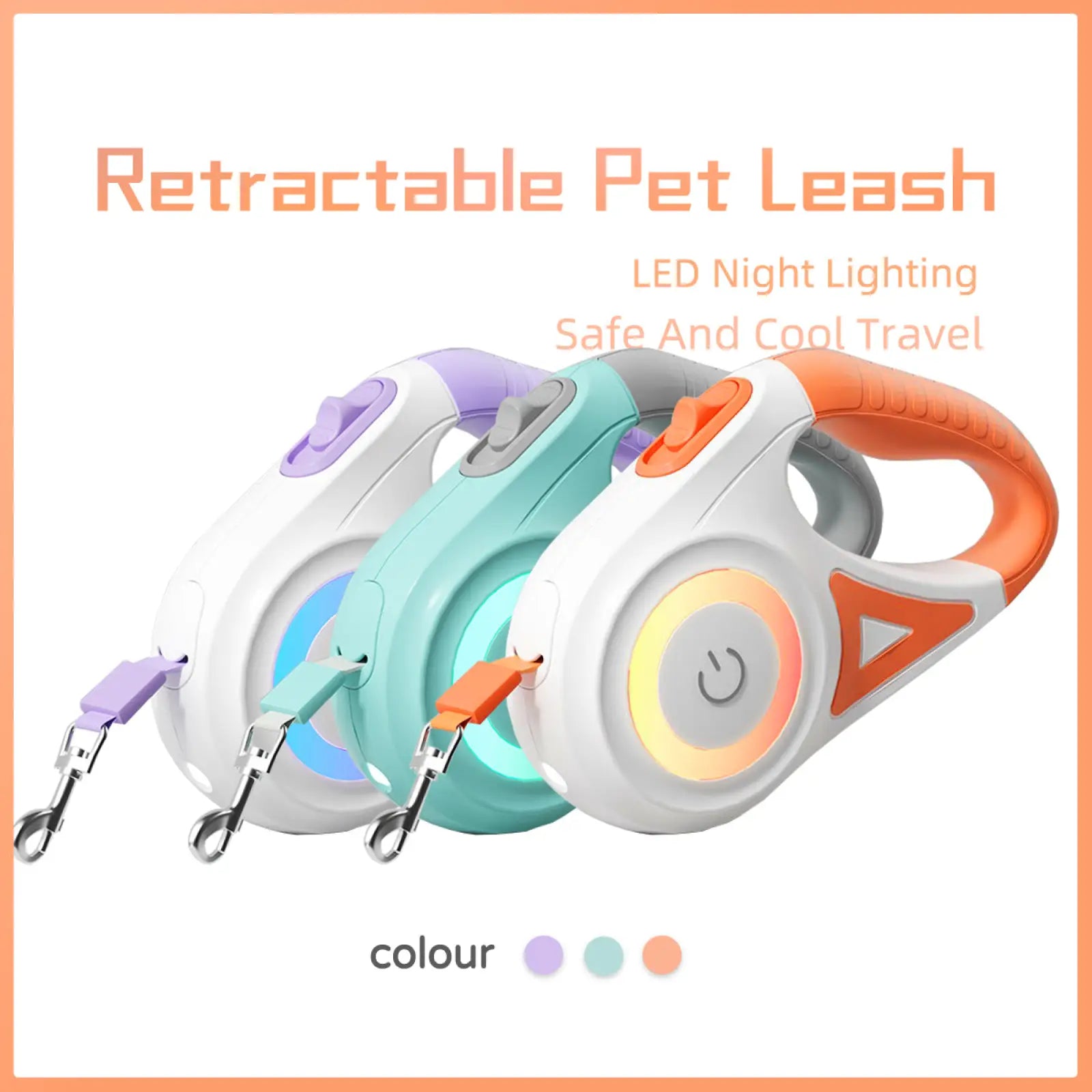 Retractable dog leash with led light and collar set featuring a sleek white handle with purple teal or orange accents