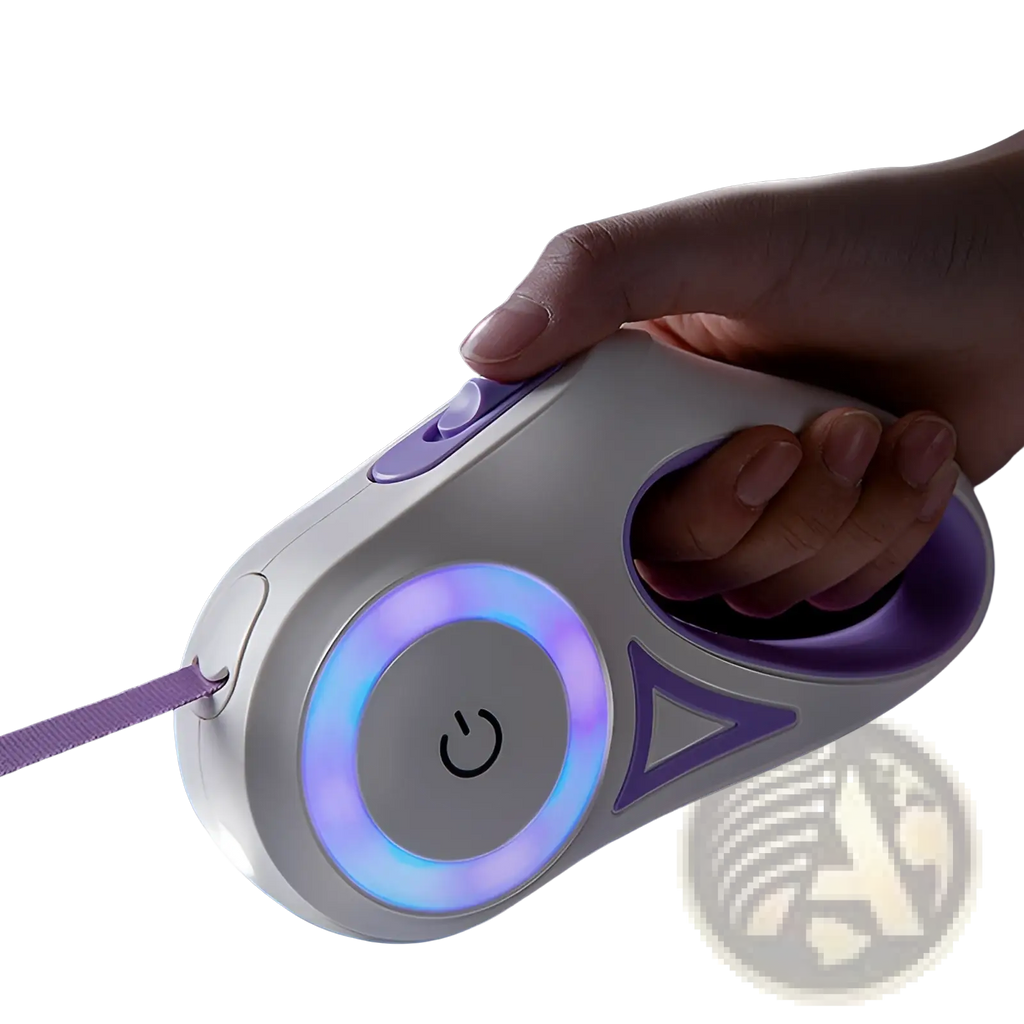A sleek white and purple retractable dog leash with a glowing blue led ring power button and collar set