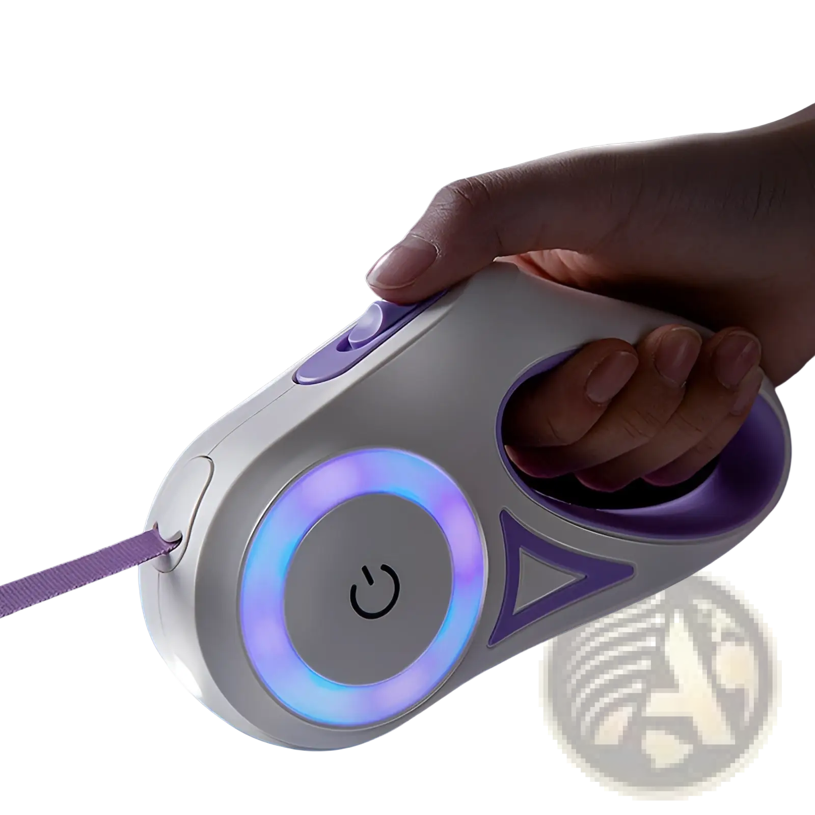 A sleek white and purple retractable dog leash with a glowing blue led ring power button and collar set