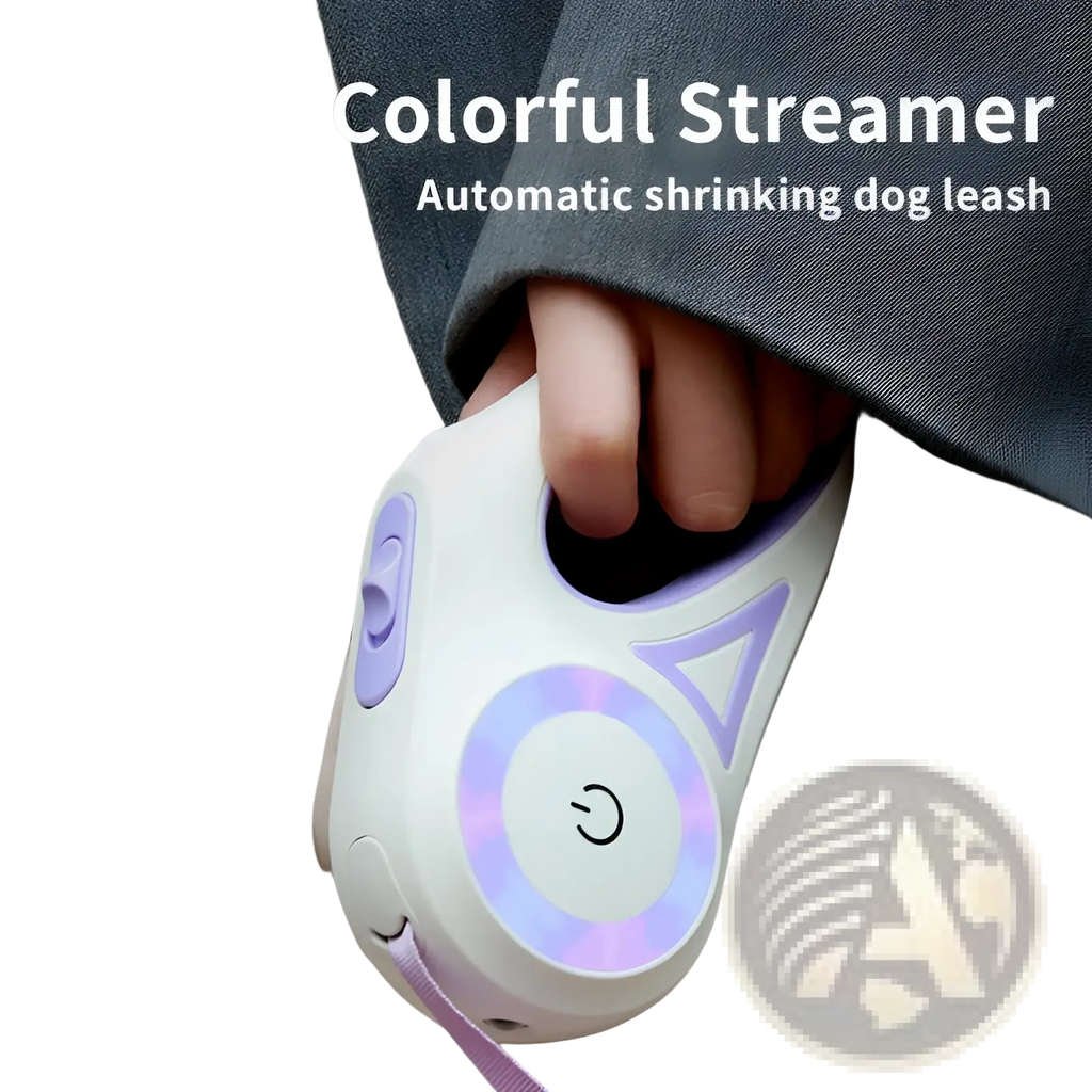 Retractable dog leash with led light and collar set featuring white and lavender automatic shrinking design with glowing power button