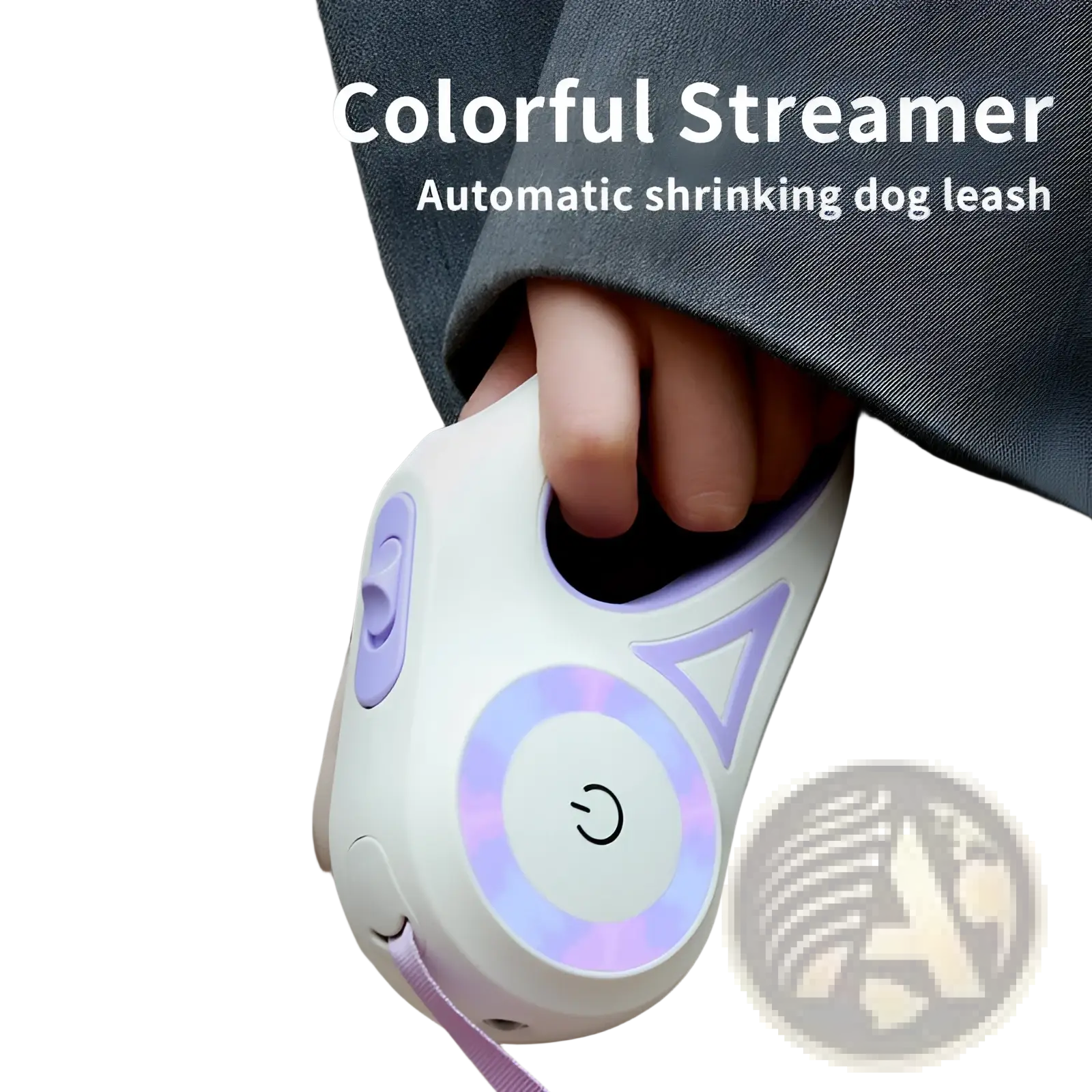 Retractable dog leash with led light and collar set featuring white and lavender automatic shrinking design with glowing power button