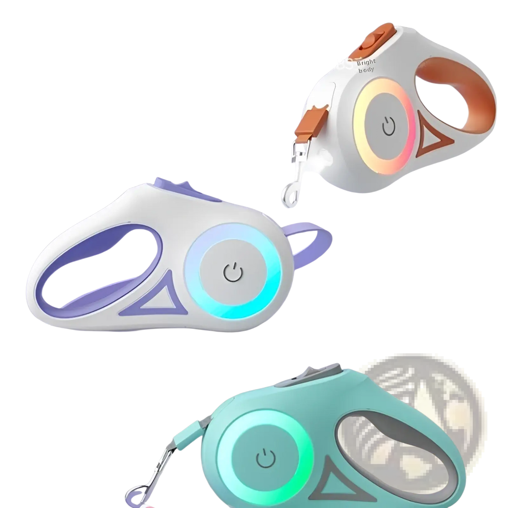 White and purple retractable dog leash with led lighting and blue illuminated circular power button in collar set