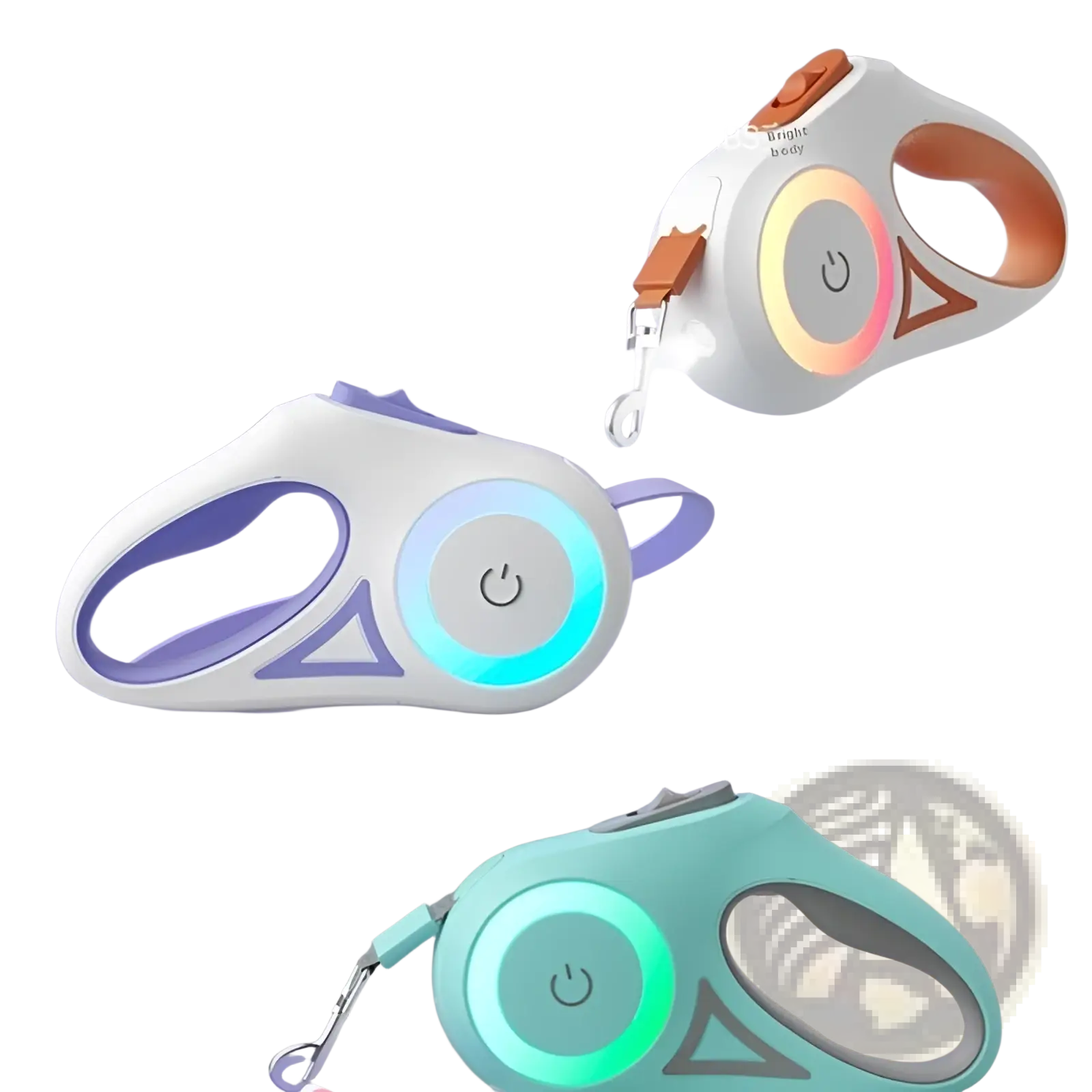 White and purple retractable dog leash with led lighting and blue illuminated circular power button in collar set