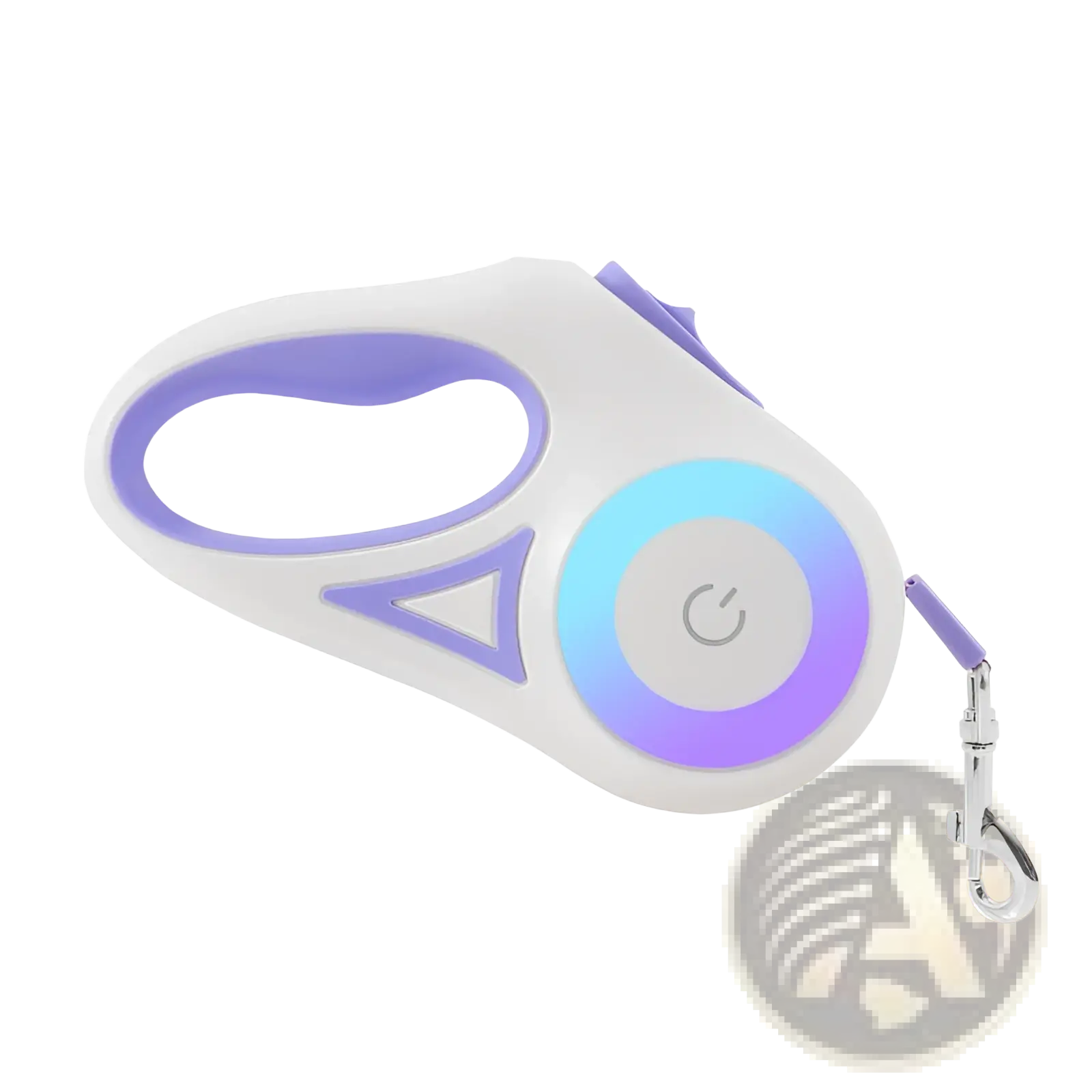 Retractable dog leash with led light and collar set featuring a white and purple design and glowing circular power button