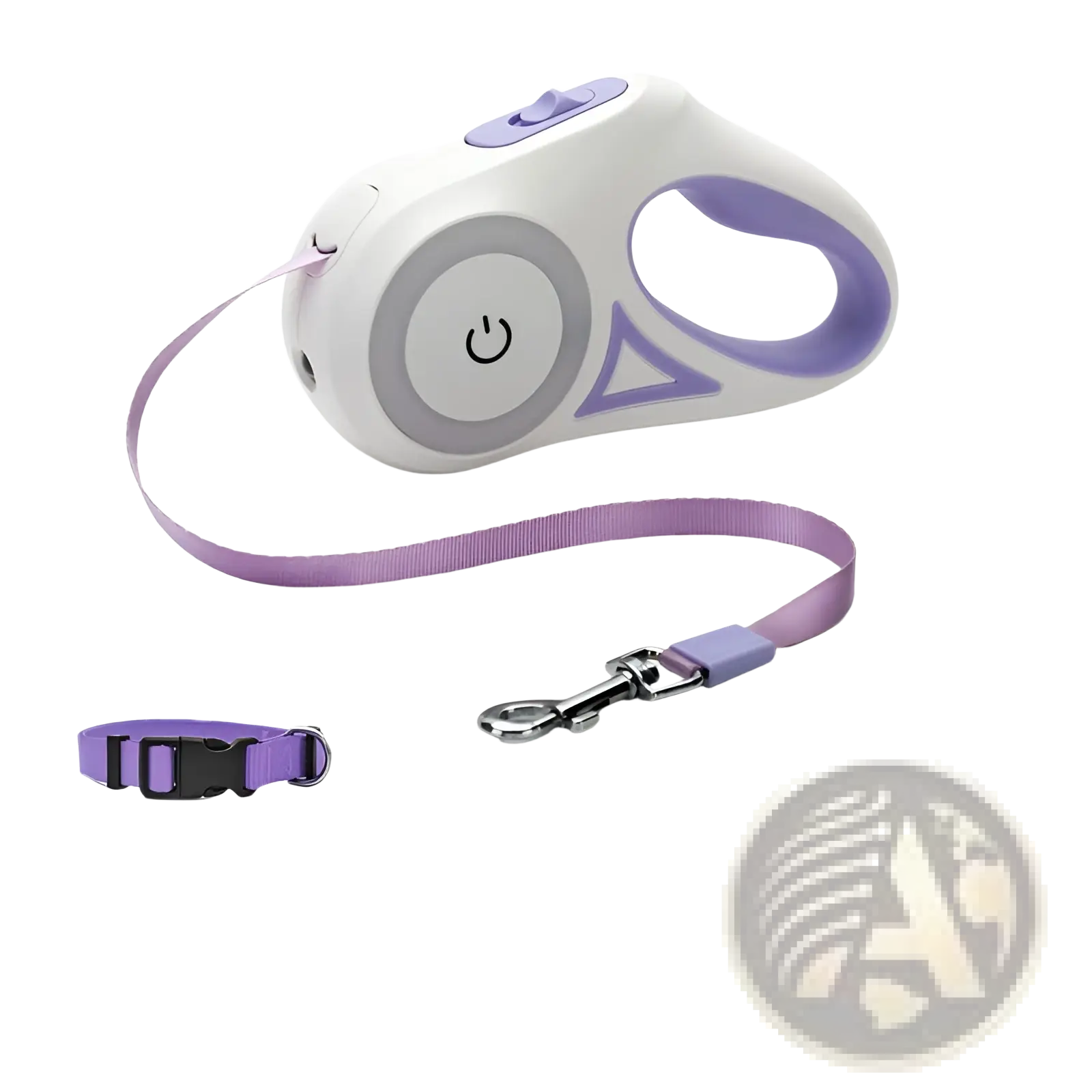 Purple and white retractable dog leash with led light power button, matching purple collar, and 3-meter lead set