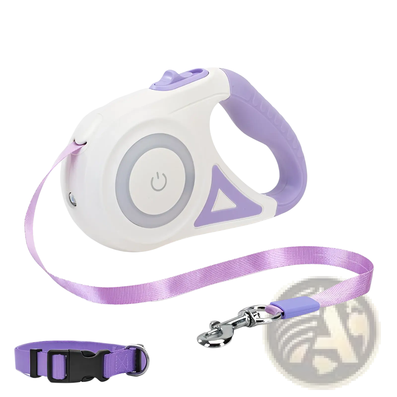 Retractable purple and white dog leash with built-in power button led light and matching purple collar with silver clasp