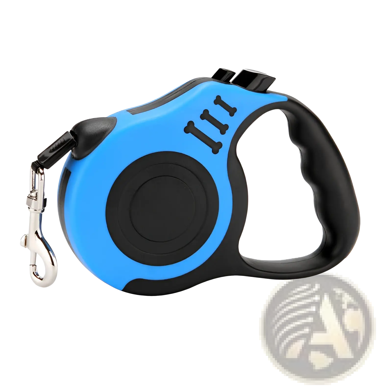 Retractable dog leash with one touch locking system in blue and black featuring textured grip handle and silver metal clip