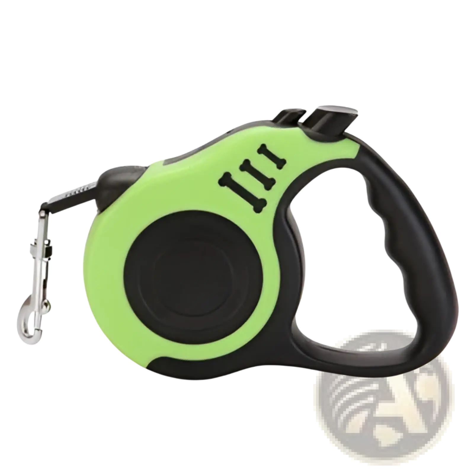 Lime green and black retractable dog leash with textured grip handle and one touch locking system for easy control