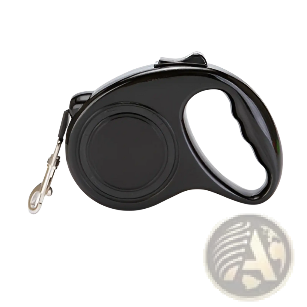 Retractable dog leash with one touch locking system black plastic handle metal clasp 3 meter length