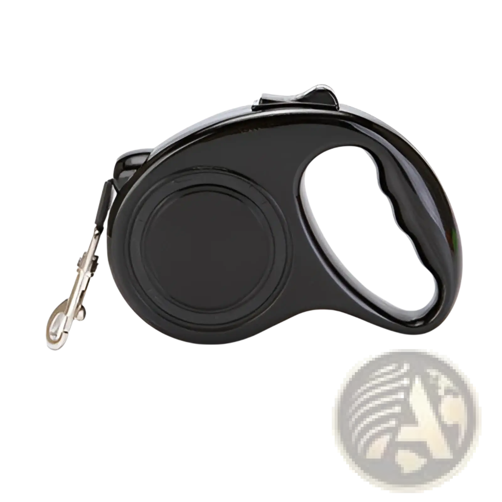 Black retractable dog leash with one touch locking system, sleek ergonomic handle, and metallic clasp for secure control