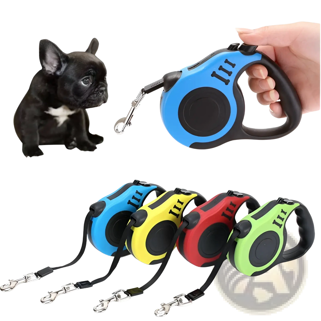 Retractable dog leash with one touch locking system blue and black with textured grip handle for easy control