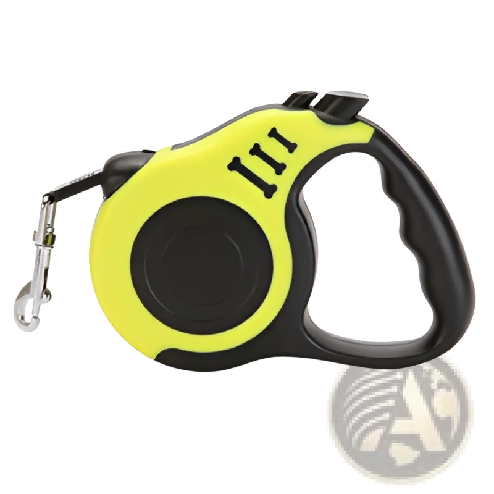 Retractable dog leash in bright yellow and black with one touch locking system and 5 meter length