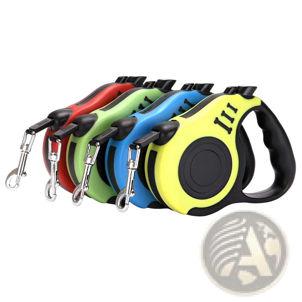 Retractable dog leash with one touch locking system in red green blue and yellow with black accents and silver clasps