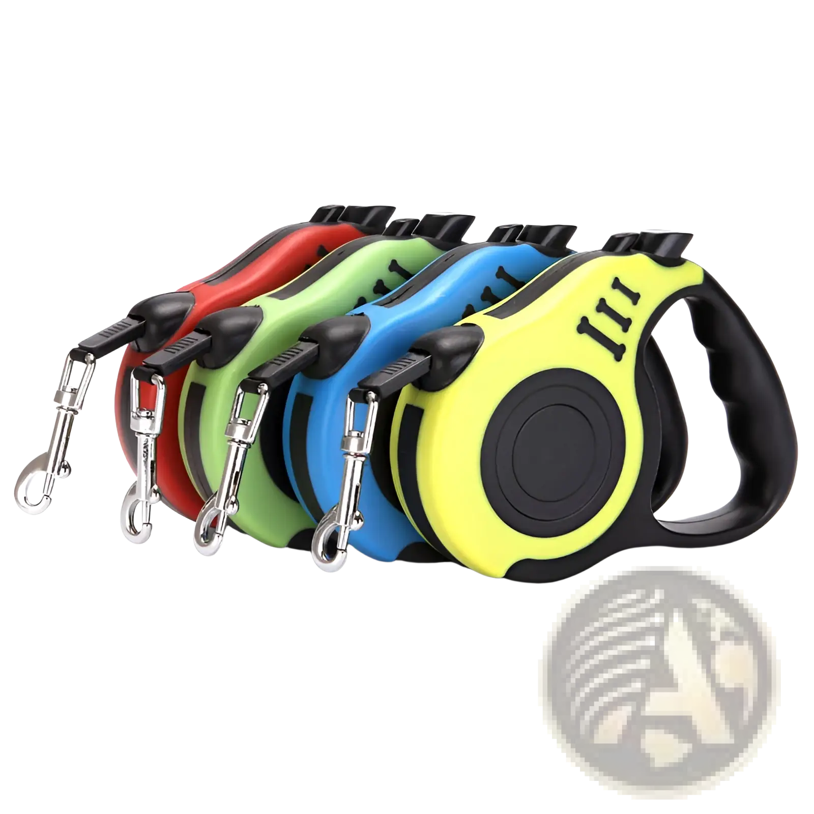 Retractable dog leash with one touch locking system in red green blue and yellow with black accents and silver clasps
