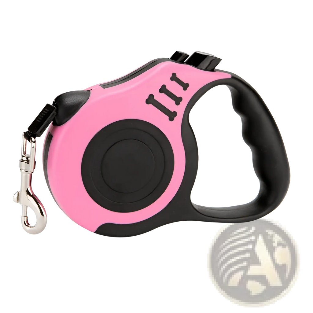 Retractable dog leash with one touch locking system in pink and black featuring a bone shaped side design