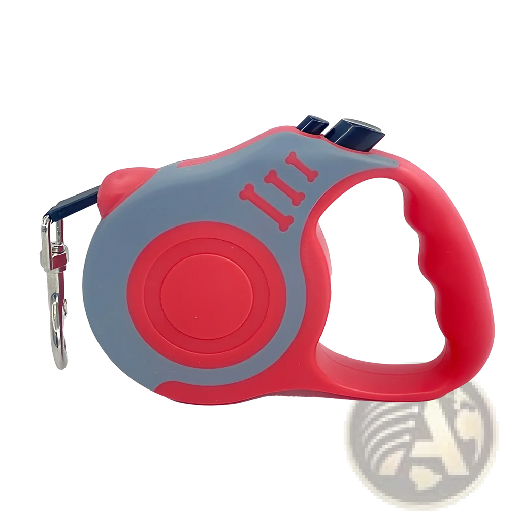 Retractable dog leash in red and gray with one touch locking system and bone embossed handle for easy control