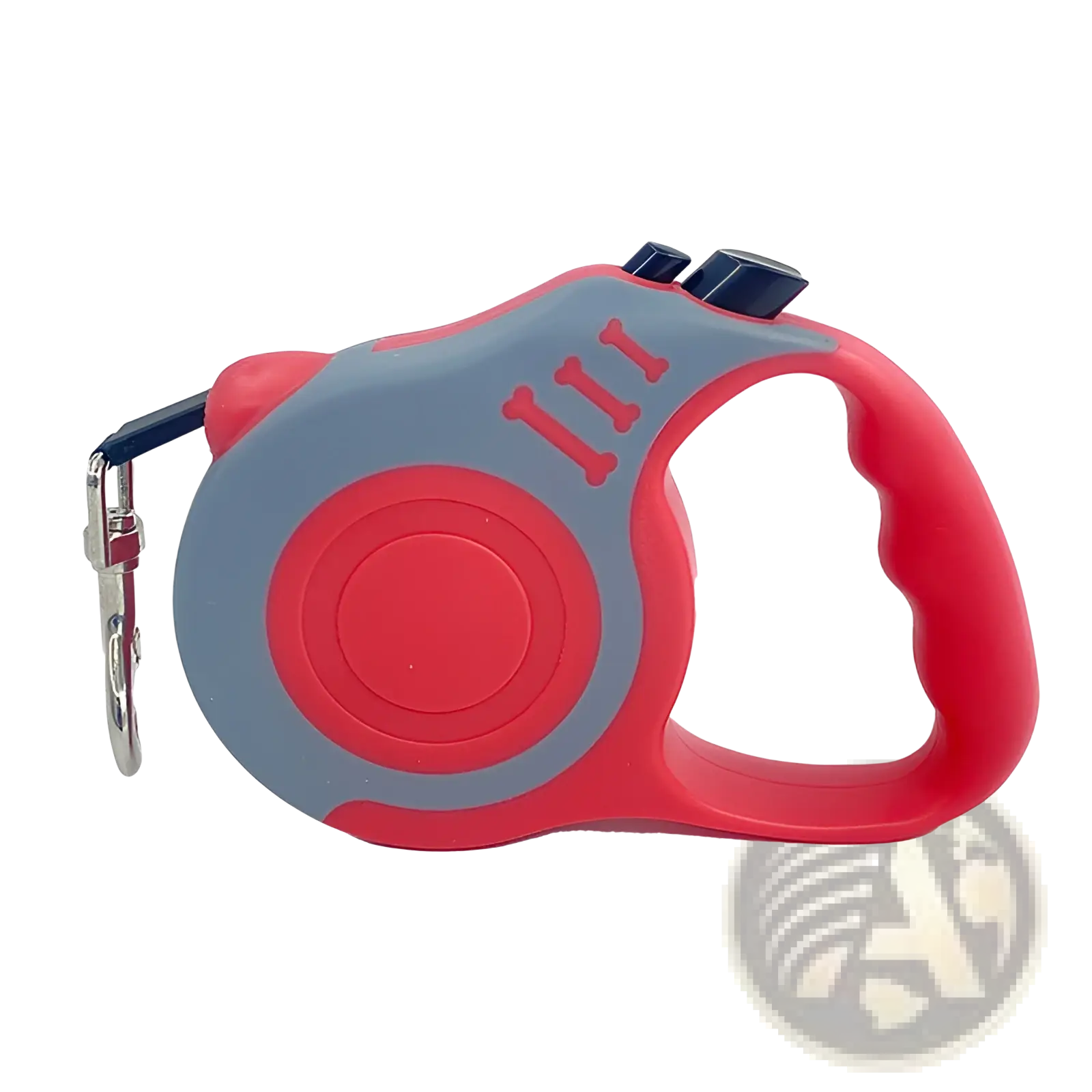Retractable dog leash in red and gray with one touch locking system and bone embossed handle for easy control