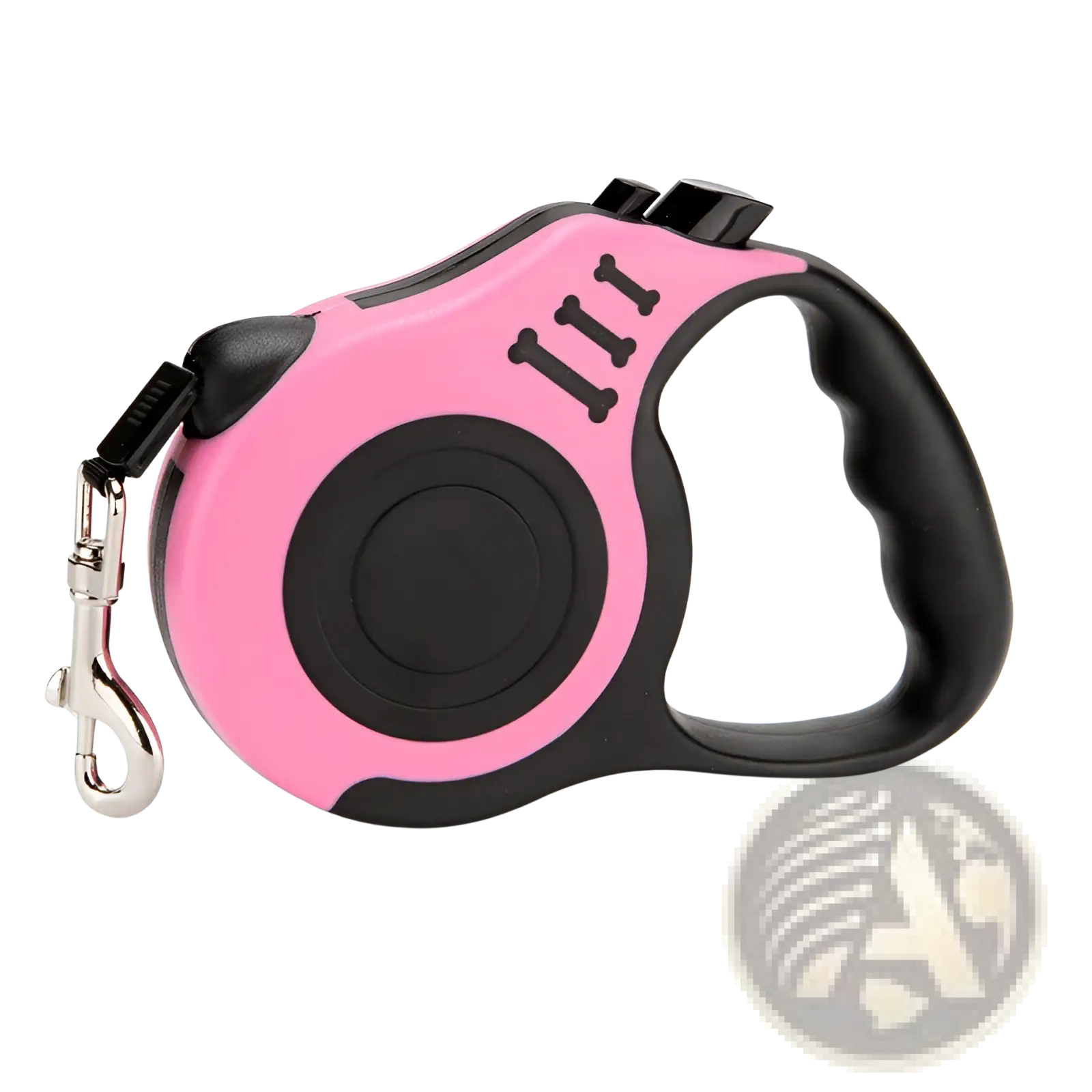 Retractable dog leash in pink and black with one touch locking system and 3 meter length featuring bone shaped logo